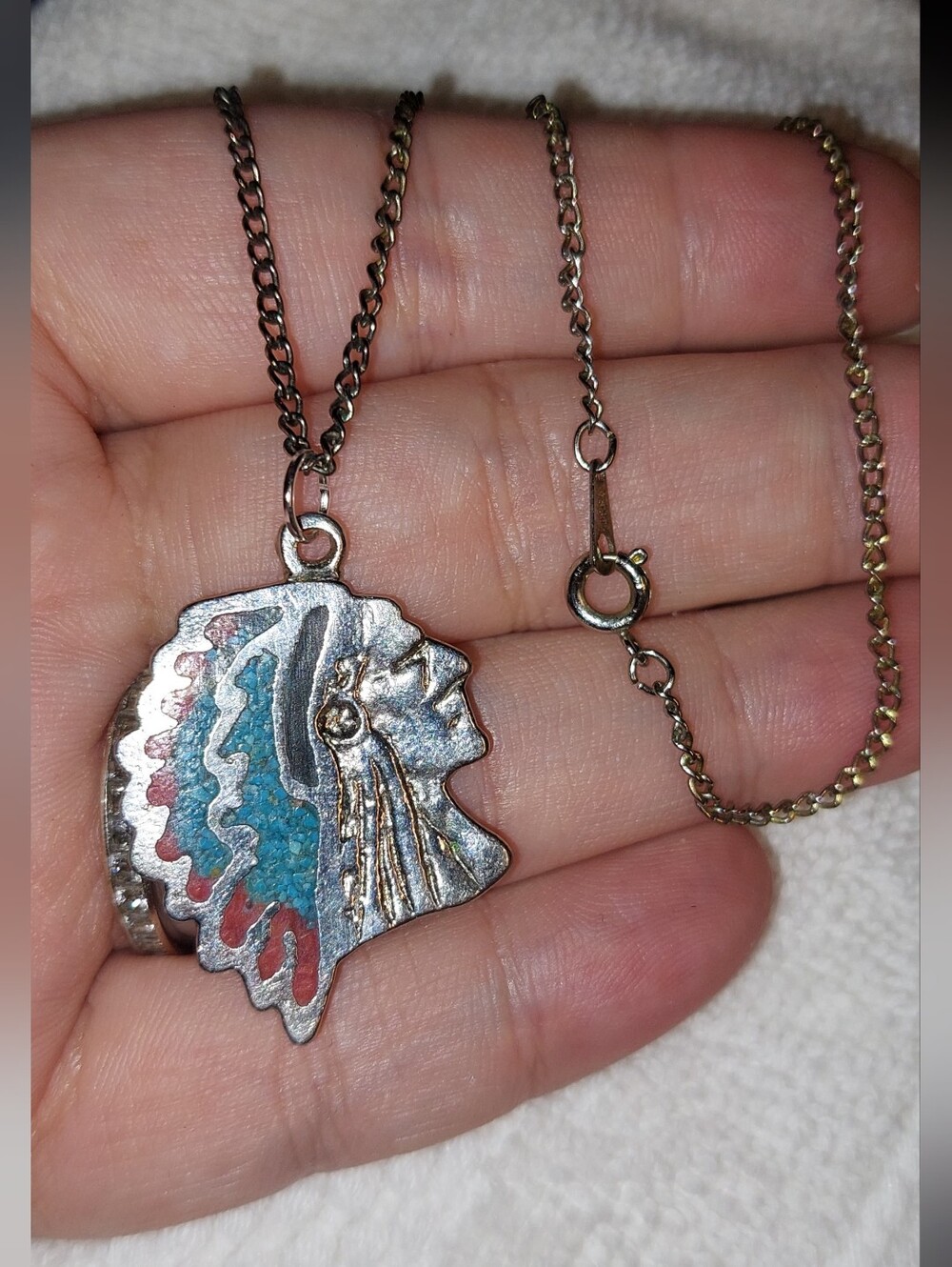 Vintage Silver-Tone Native Chief Pendant Necklace with Turquoise & Red Accents